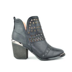Black Laser Cut Chunky Heel Pointy Toe Bootie